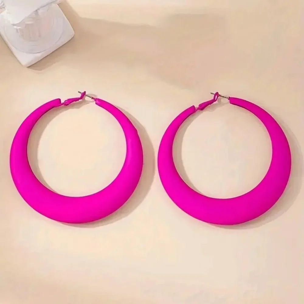 Hot Pink Hoop Earrings Retro Vocation Style Alloy - Picture 3 of 3